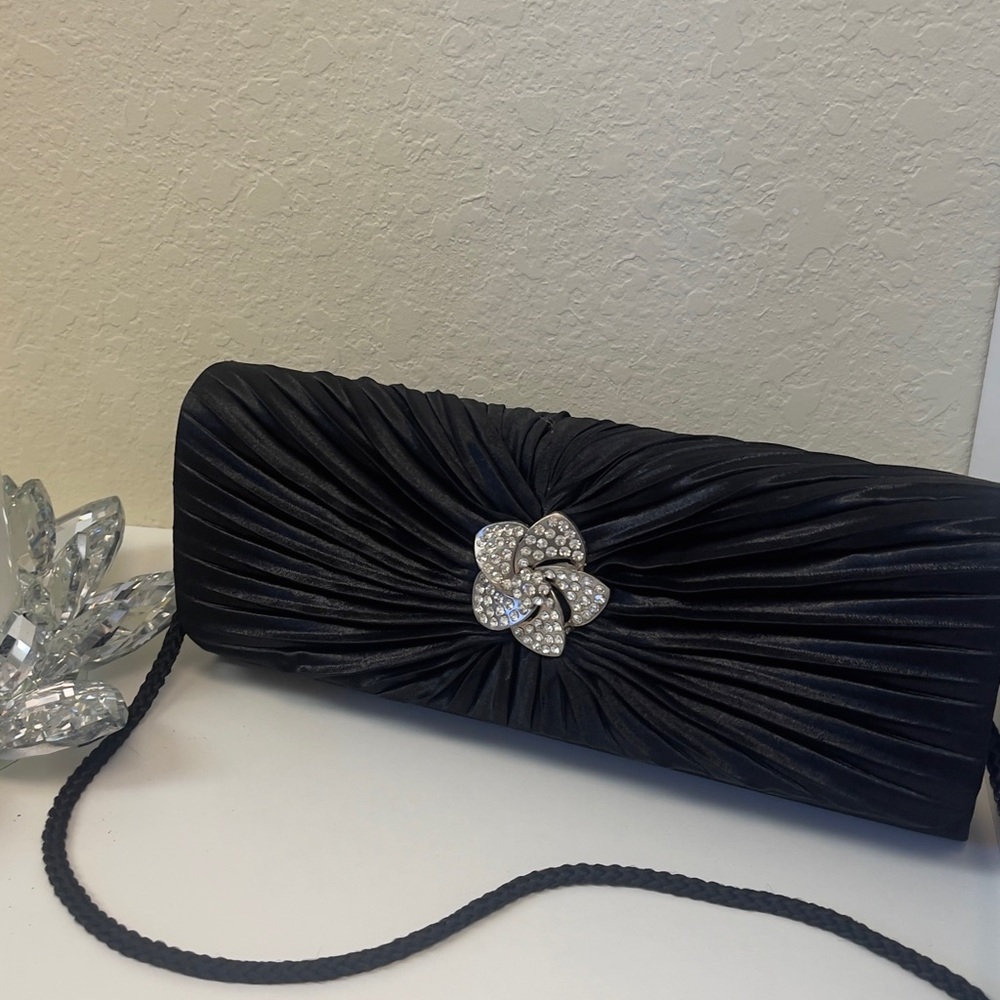 Jessica McClintock Black Clutch with Silver Floral Accent